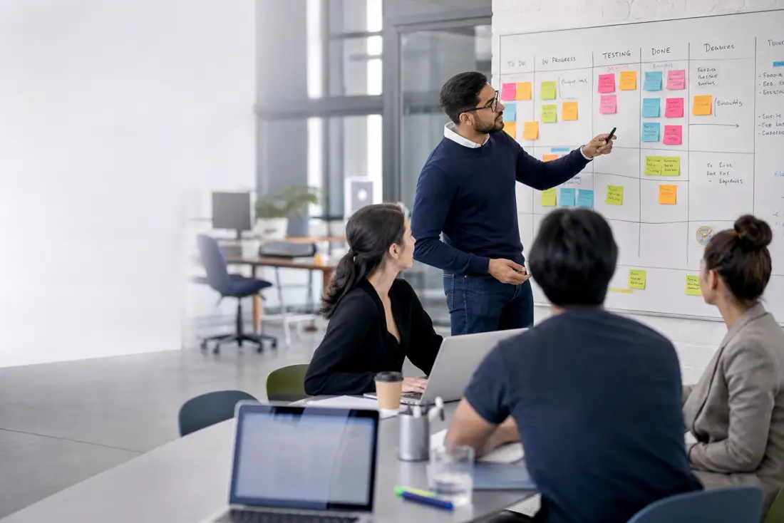 Time colaborando em frente a um quadro kanban